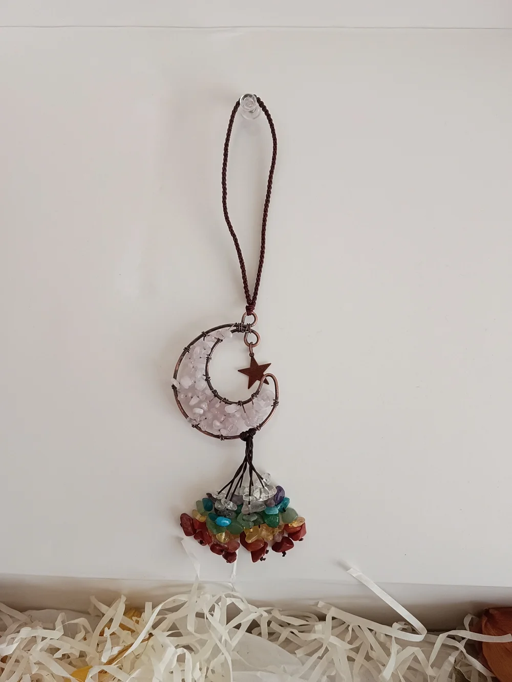 Rose Quartz Crescent Moon Hanging Chakra Multicolor Gems
